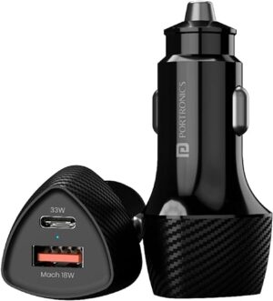 Portronics 51W Car Power 16 Fast Car Charger with Dual Output, 51 Watts Total (18W USB + 33W Type C PD), Fast Charging, Adapter for iPhone & Android Smartphones and Tablets (Black)